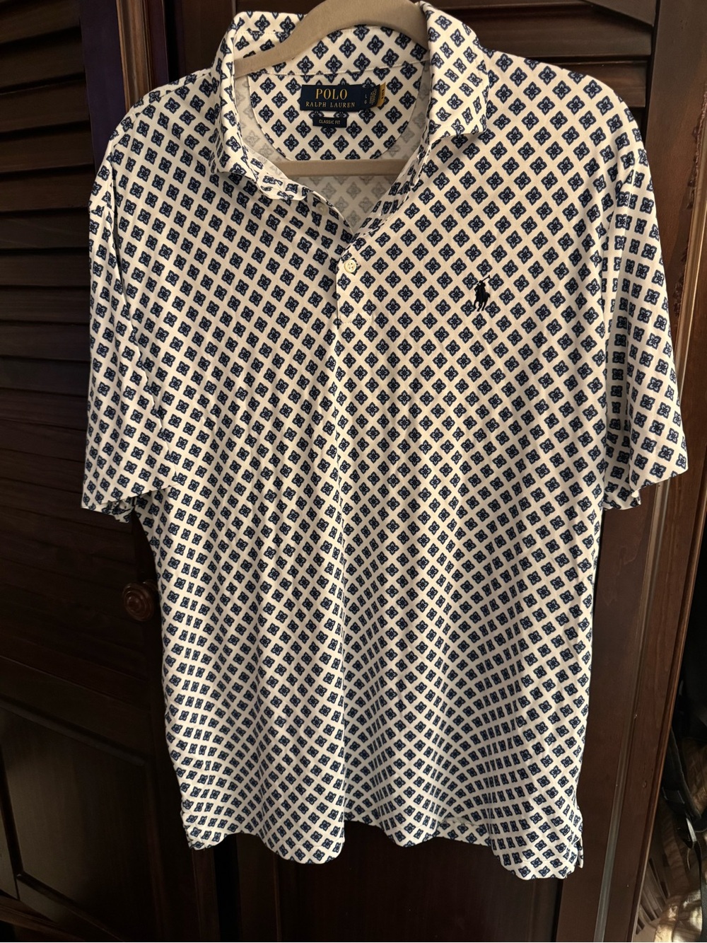 Men’s Polo Ralph Lauren patterned blue /white geometric shirt size Large